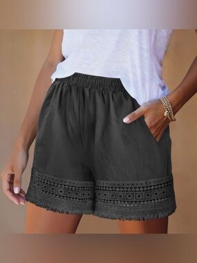 Gray Lace Trim Elastic-Waist Women's Shorts